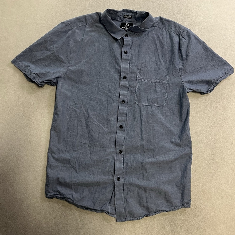 Volcom Shirt Men's Size Large Blue Date Knight Woven Short Sleeve Button Up